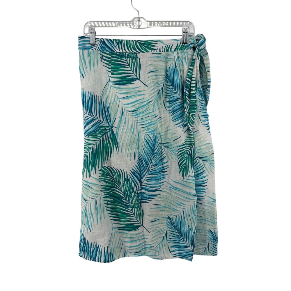 Tahari 100% Linen Tropical Palm Leaf Faux Wrap Midi Skirt Large NWT
